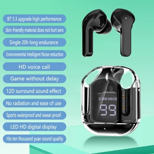 J100A Wireless Bluetooth Headset Transparent ENC Headphones LED Power Digital Display Stereo Sound Earphones for Sports Working