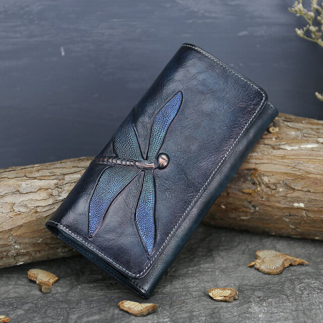 Cowhide Animal Wallets Carving Pursdragonflyes Men Long Clutch Vegetable Tanned Mens Wallet Leather Genuine Bag Card Holder