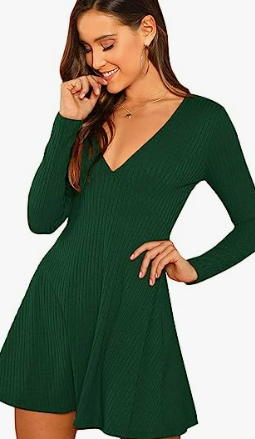 Womens Long Sleeve Deep V-Neck Formal Dress Pleated Waist Knee Length Dresses with Pockets