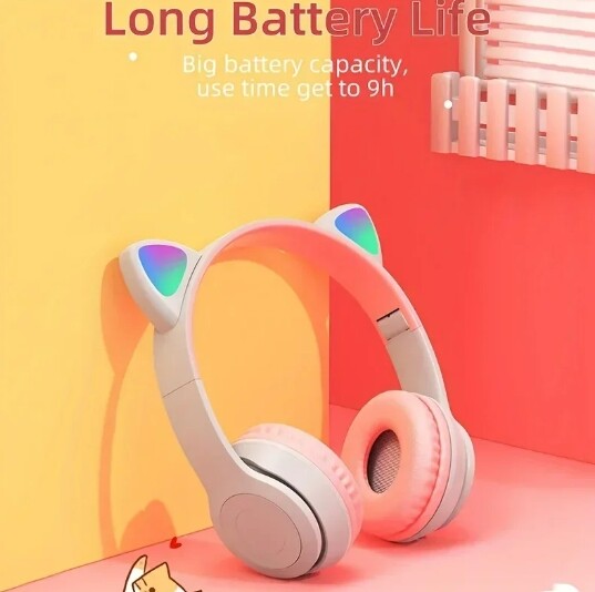 Cute Cat Ear Bluetooth Compatible Headset with LED Wireless Headset Children Girls Stereo Folding Sports Headset with Microphone