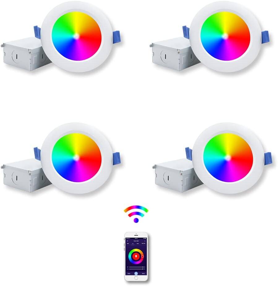 ANC 4in 9W Smart Wifi Recessed Lighting, RGB Color Changing Recessed Lights,100-270V 50/60Hz,Compatible with Alexa/Google Assistant 4 Pack