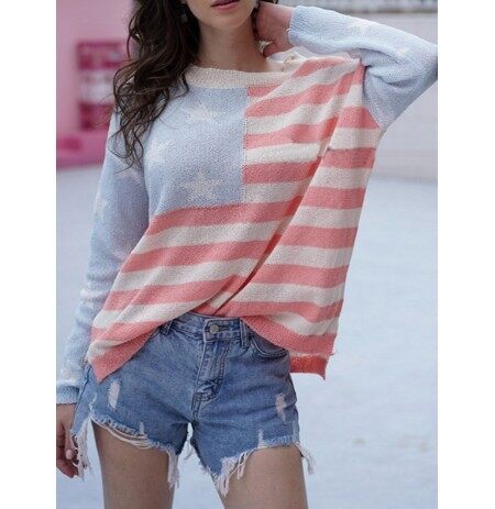 Chic Print Stripe Patch Long Sleeve Crew Neck Sweaters
