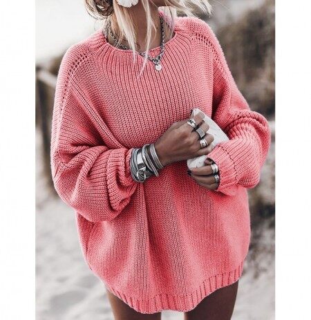 Solid Color Long Sleeve O-neck Oversized Women Causal Sweaters
