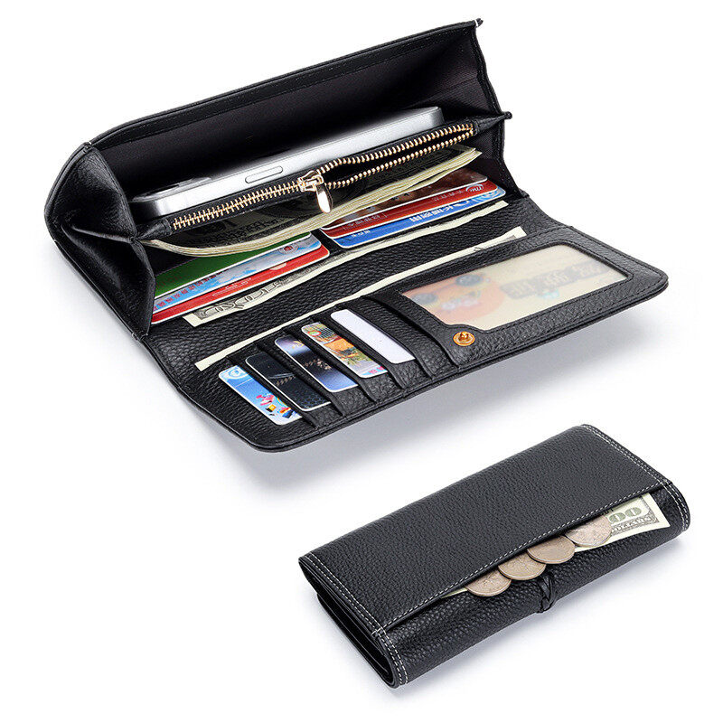 Full Genuine Leather Wallet Women Wallet Long Tri Fold Wallet With Money Clip Multifunctional Cell Phone Clutch Wallet Carteiras