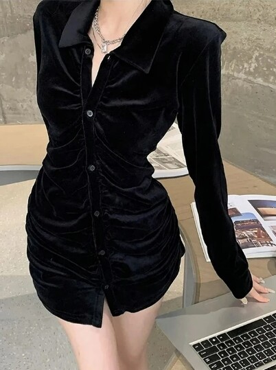 Vintage Shirts Women Black Velvet Pleated Blouses Korean Elegant Folds Turn Down Collar Long Sleeve Slim Chic Casual Tops