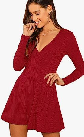 Womens Long Sleeve Deep V-Neck Formal Dress Pleated Waist Knee Length Dresses with Pockets