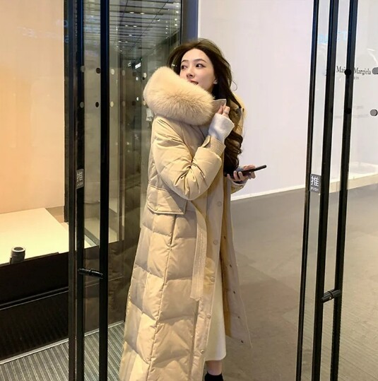 Winter Korean Version Hooded Down Cotton Coat Women Mid-Length Thick White Duck Down Parka With Big Fur Collar Jacket JD1733