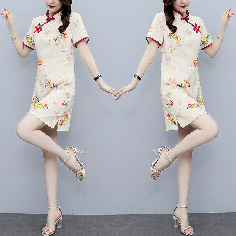 Women's dress 2023 summer new fat mm fashion literary Chinese style improved version of cheongsam printed slimming dress