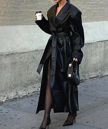Trench Coat Women Long Black Patchwork Belted Oversized Loose Waterproof Leather Coat 2023 Fashion Streetwear