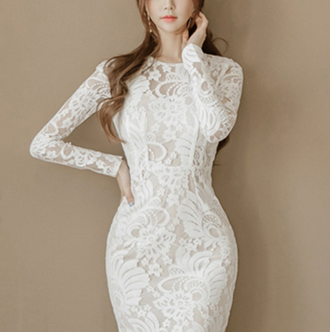 Off White Long Sleeve Sheath Women's Lace Dress