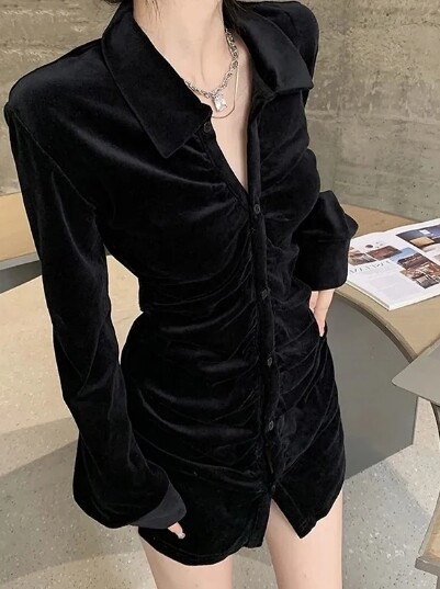 Vintage Shirts Women Black Velvet Pleated Blouses Korean Elegant Folds Turn Down Collar Long Sleeve Slim Chic Casual Tops